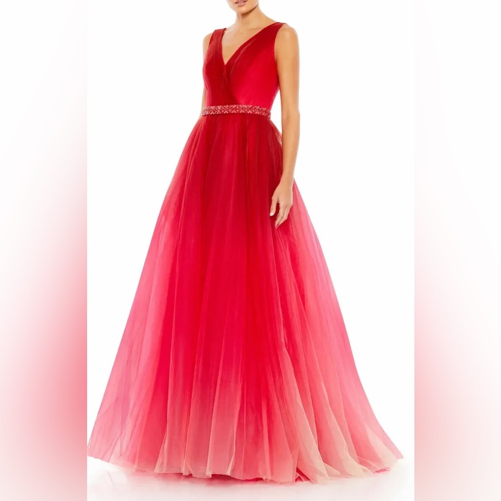 Mac Duggal Vibrant Red Formal Ombre Beaded Waist Dress